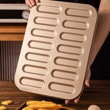 14 孔奶油泡芙蛋糕模具，烘焙手指饼干、提拉米苏、不粘、闪电泡芙糕点烤盘，适用于家庭烤箱使用 - 金色 - 查看 4