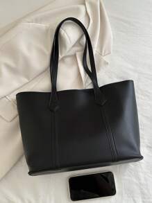 女士时尚百搭拼色托特包，轻巧简约，柔软材质，大容量单肩包 - 黑色 - 查看 5