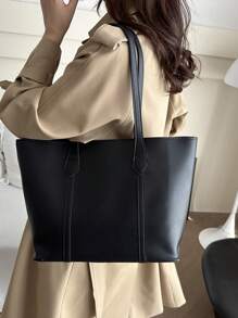 女士时尚百搭拼色托特包，轻巧简约，柔软材质，大容量单肩包 - 黑色 - 查看 3