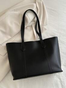 女士时尚百搭拼色托特包，轻巧简约，柔软材质，大容量单肩包 - 黑色 - 查看 4