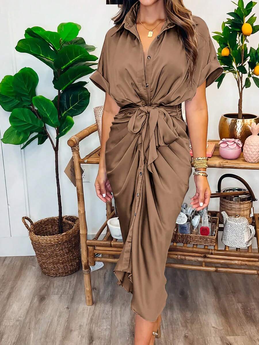 Women's Satin SIlky Button Down Ruched Shirt Dresses Short Sleeve Lapel V-Neck Belted Dress Elegant Spring Summer Wedding Evening Valentine Long Midi Dress - Kaki sẫm màu - Xem 1
