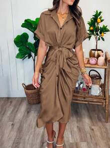 Women's Satin SIlky Button Down Ruched Shirt Dresses Short Sleeve Lapel V-Neck Belted Dress Elegant Spring Summer Wedding Evening Valentine Long Midi Dress - 深卡其色 - 查看 3