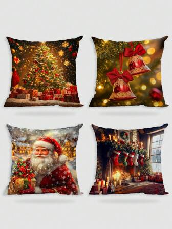 4 Pcs/1 Pc Christmas Atmosphere Is Extremely Strong. Santa Claus, Christmas Tree, Red Socks, Bell Pattern, Super Soft Pillow Cover, Soft And Comfortable Sofa, Bedroom, Living Room, Home Decoration, Cushion Cover