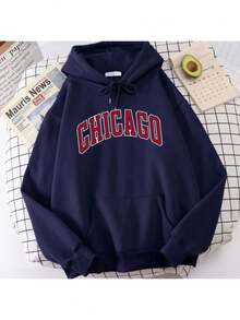 Chicago American City Kangaroo Sweatshirt Custom Flannel Cotton Hoodie With Pocket Various Colors - 黑色 - 查看 6