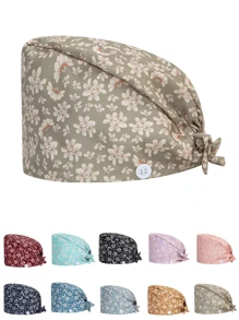 1pc Women's Floral Print Tie Knot Design Top-Grade Work Hat Nursing Cap, With Elastic Back And Mask String Hook On Side, Suitable For Doctors, Nurses, And Other Hospital, Beauty Salon, And Veterinary Clinic Workers - Multicolor - View 5