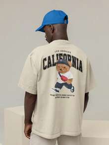 Men's Oversized T-Shirt 100% Premium Cotton Bear California Cap Streetwear Shirt - Màu be - Xem 1