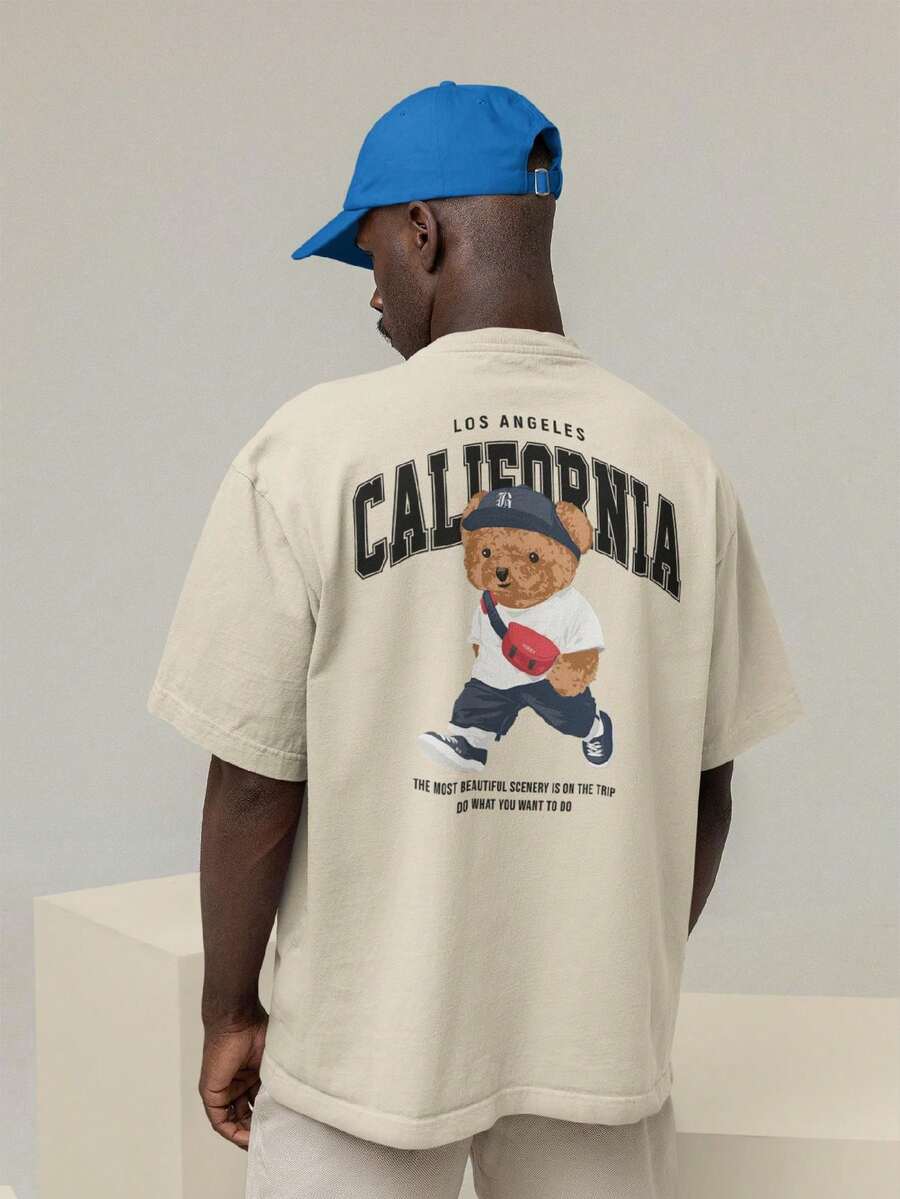 Men's Oversized T-Shirt 100% Premium Cotton Bear California Cap Streetwear Shirt - Màu be - Xem 1