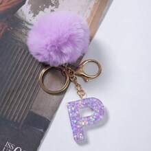 A-Z 英文字母毛球钥匙扣，紫色树脂亮片吊坠钱包钥匙圈，汽车钥匙链，包包挂饰，背包装饰，哥特 Y2K 风格 - 紫色 - 查看 16