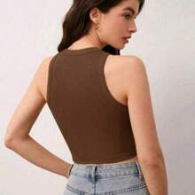 Plain Knit Casual Tank Top & Shirt CROPPED RIBANA - Rust Brown - View 2
