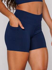 LOT FITNESS Women's Sports Shorts Gym Fitness Polyamide Basic Black With Pocket - 藏蓝色 - 查看 4