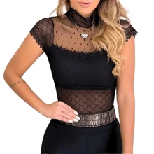 Women's Short Sleeve High Neck Lace And Tulle Polka Dot Bodysuit - 黑色 - 查看 1