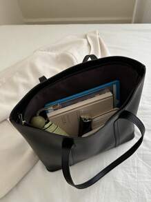 女士时尚百搭拼色托特包，轻巧简约，柔软材质，大容量单肩包 - 黑色 - 查看 6