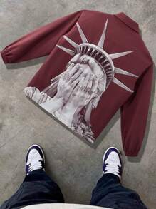 Men Casual Lightweight Allover Print Zip Up Jacket, Stand Collar, Long Sleeve, Spring Autumn - Burgundy - View 2
