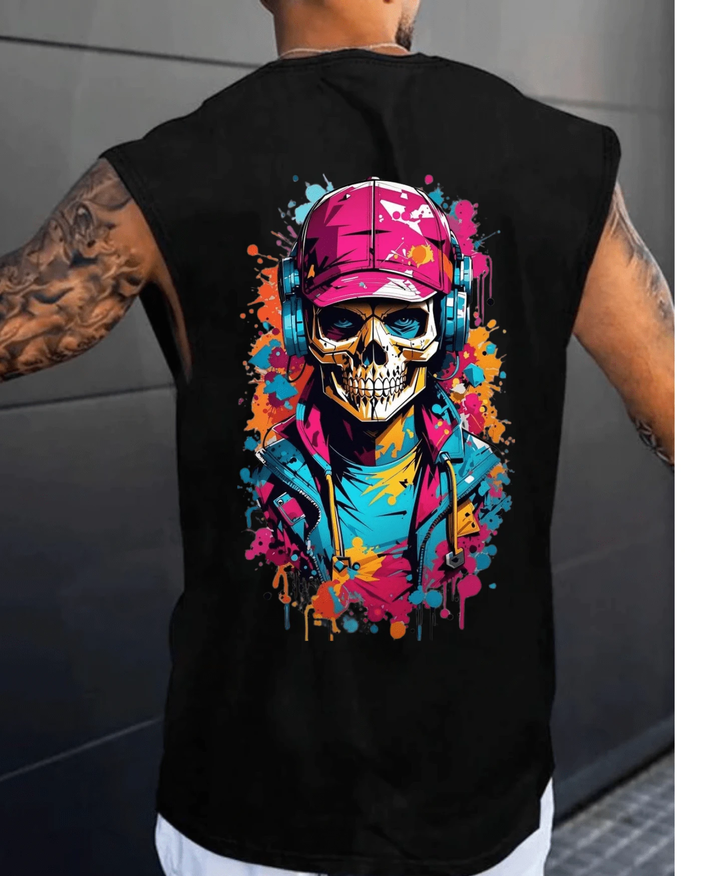 Black Skull Tank Top Streetwear Men's Workout Sports Gym Summer Heat Comfortable Loose Blouse - 黑色 - 查看 1