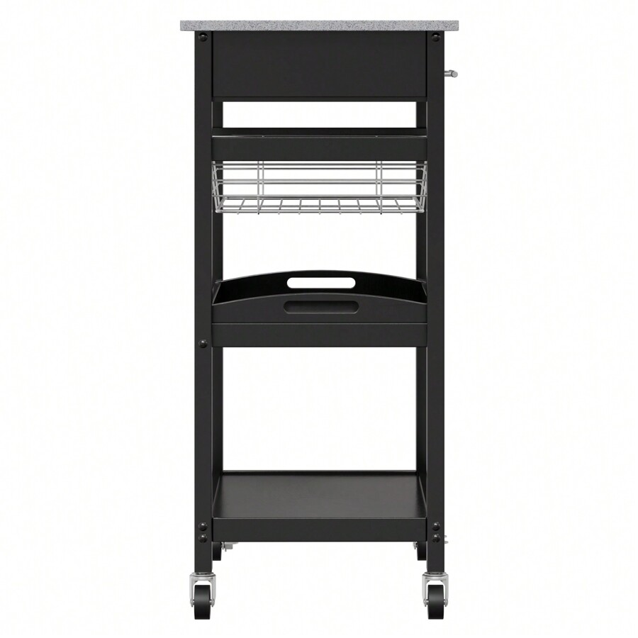 Modern Kitchen Cart With Charcoal Faux Granite Top, Cutlery Drawer, And