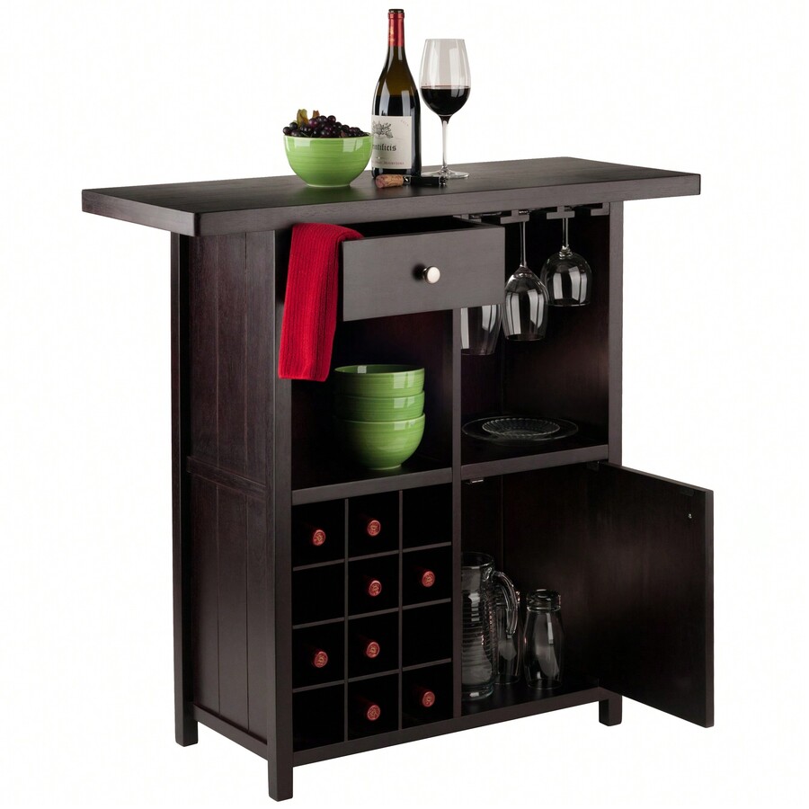 Stylish Espresso Finish Wine Bar With Wooden Wine Grid, Open Shelves