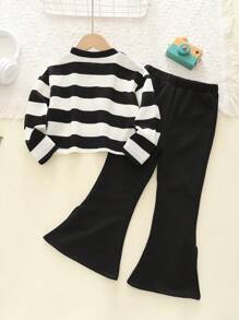 2 pezzi Set ragazza, Top corto a righe casual + pantaloni neri a zampa con spacco, Look autunnale - nero - Visualizzare 2