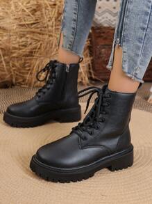 1 Pair Women's Lace-Up Front Zipper Side Mid-Calf Snow Boots, Black, Versatile, Platform 3cm Thick Sole, Waterproof