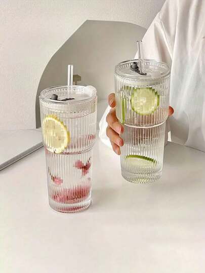 1 件 600ml/21.1oz 带盖玻璃杯，吸管，竖条纹图案，适合饮用水、果汁、冰咖啡