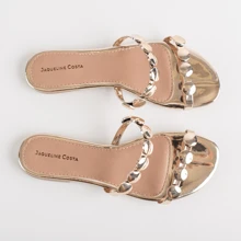 Sandalia Feminina Flat Dourada Botons Casual Jaqueline Costa - Dourado - Visão 3
