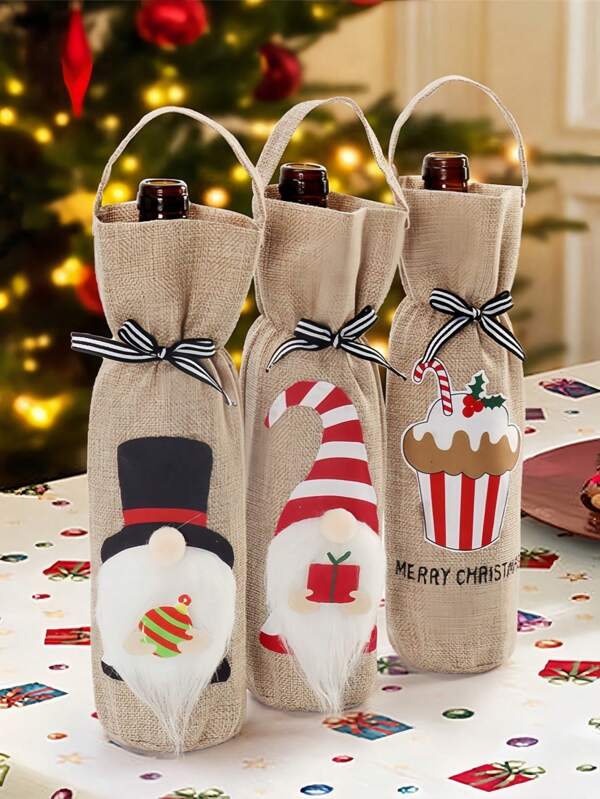 1pc/3pcs New Cute Creative Christmas Decoration Supplies Europe And The United States Wind Faceless Old Man Doll Handheld Wine Bottle Set Christmas Snowman Elk Burlap Champagne Bag Gift