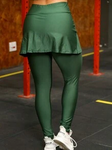 High Waist Gym Leggings With Skirt - Dark Green - View 4
