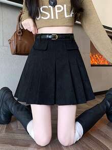 全新秋冬灯芯绒高腰修身 A 字褶皱迷你裙 - 黑色 - 查看 6