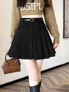 全新秋冬灯芯绒高腰修身 A 字褶皱迷你裙 - 黑色 - 查看 4