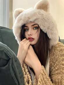 1pc Women's Solid Color Pilot Cap, Winter Warm Fleece Ear Protector Thick Knit Hat, Fashion Casual Slouch Beanie, Suitable For Daily, Riding, Outdoor, Skiing