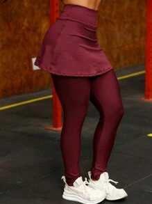 High Waist Gym Leggings With Skirt - Màu Đỏ Sâu - Xem 2