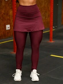 High Waist Gym Leggings With Skirt - Màu Đỏ Sâu - Xem 3