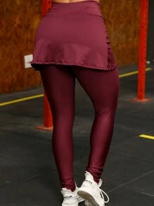 High Waist Gym Leggings With Skirt - Màu Đỏ Sâu - Xem 4