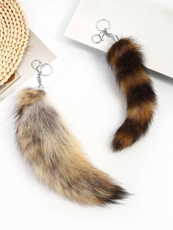 New Cute Simulation Fox Tail Keychain Decoration Yellow And Black Splicing Fluffy Fluffy Furry Tassel Keychain Women Bag Charms Fit For Daily Use Perfect Gift For Friends School
