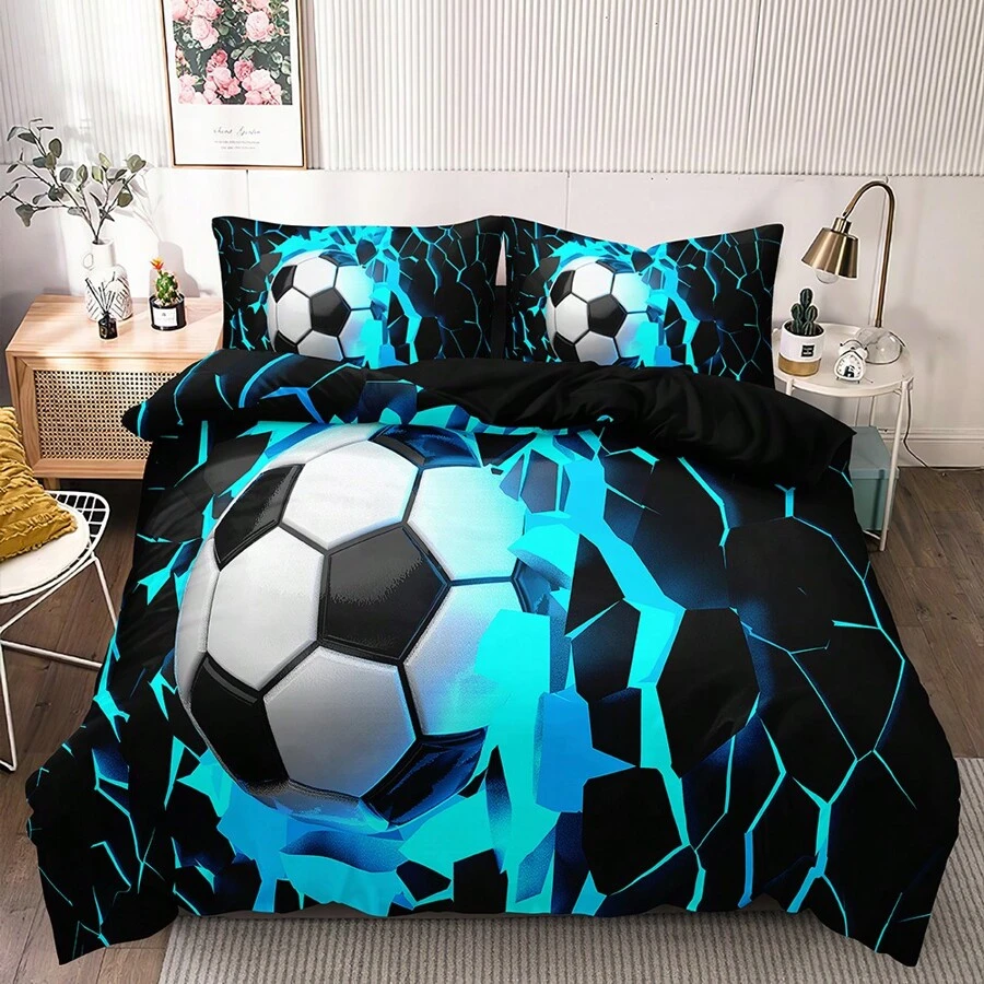 2/3件套3D蓝色足球印花床上用品套装，运动主题卧室装饰（尺寸：135x200厘米，包含1个枕套）