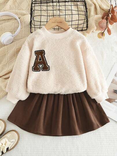 Young Girls "Girls" Letter Print Teddy Fleece Pullover And Skirt 2Pcs Set, Spring Autumn