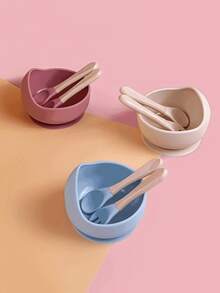 3 件定制文字木柄蜗牛碗，硅胶吸盘喂食套装，易清洁餐具套装 - 多色 - 查看 2