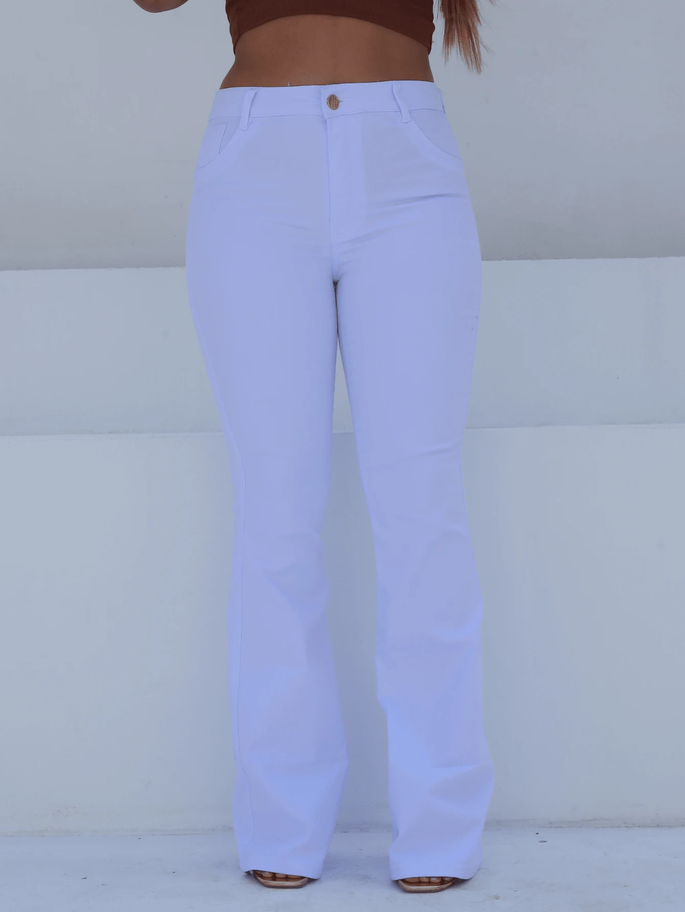 Women's White Flare Pants - High Waist And Shaping Lycra - 白色 - 查看 1