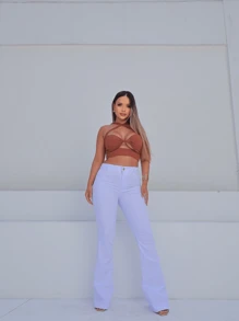 Women's White Flare Pants - High Waist And Shaping Lycra - 白色 - 查看 5