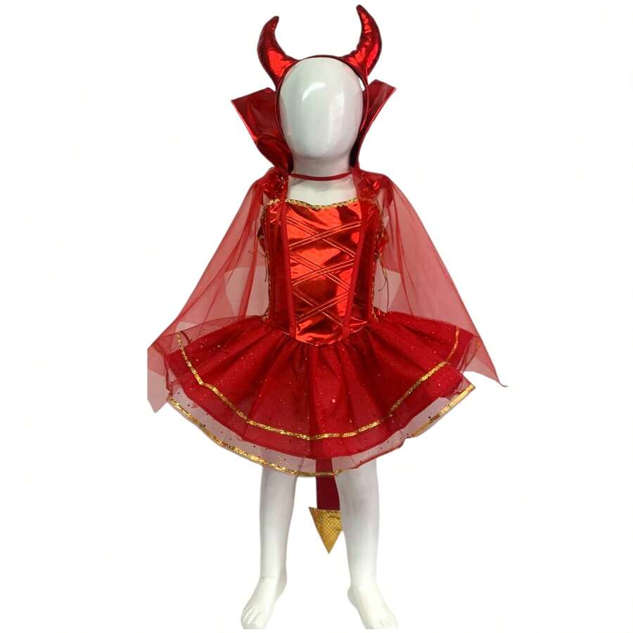 Disfraz Halloween Diablita Roja Con Capa Y Diadema Niñas - Rojo - Ver 1