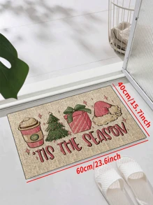 1pc 'Beige Base Pink Coffee Cup Christmas Tree Gift Box And Pink Hat Christmas' Doormat, Indoor Mat, Throw Rug, Creative Door Mat, Entryway Themed Mat, Home Decor, Non-Slip Floor Rug Mat, Bedroom Accessories, Photo Props, Outdoor Decor, Throw Rug, Area Rug, Gift