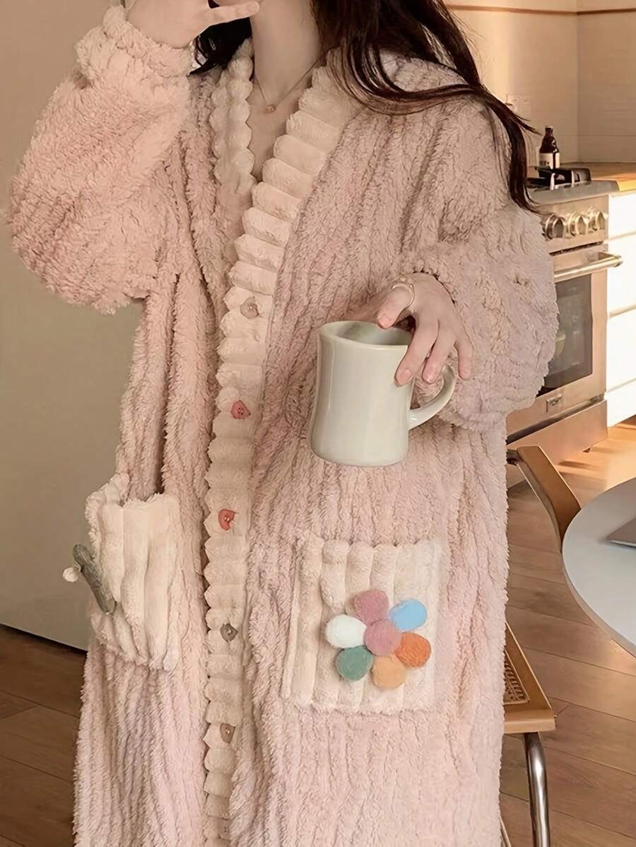 1pc Women Coral Fleece Robe, Loose Warm Thicker Long Style Cardigan