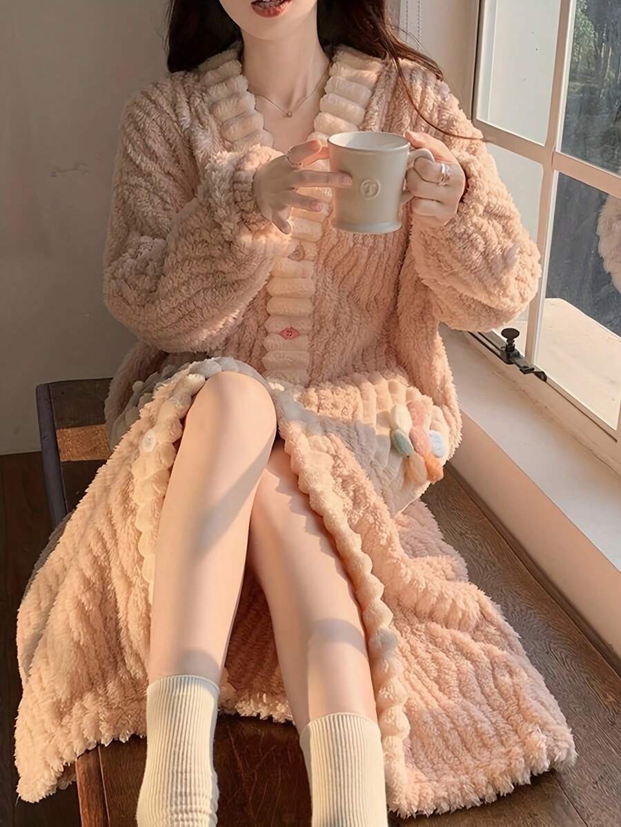 1pc Women Coral Fleece Robe, Loose Warm Thicker Long Style Cardigan