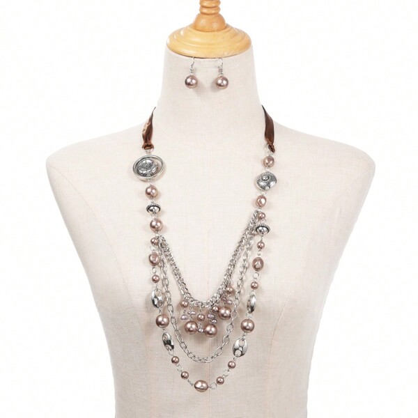 Multi-Layer Long Dramatic Pearl Necklace And Earrings Set, Versatile Accessory For Jacket, Sweater Back To School