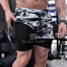 KIT 2 Shorts 2 In 1 CAMOUFLAGE Compression Gym Training Running With Elastane - Grey - View 3