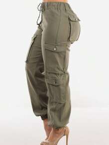 Drawstring Waist Hyper Stretch Cargo Jogger Pants Olive - Nhiều màu - Xem 3