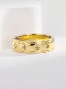 Charm-In Gold Star Engraved Ring With Embedded Pink Cubic Zirconia - Christmas Gift - Gold/Pink Stone - View 1