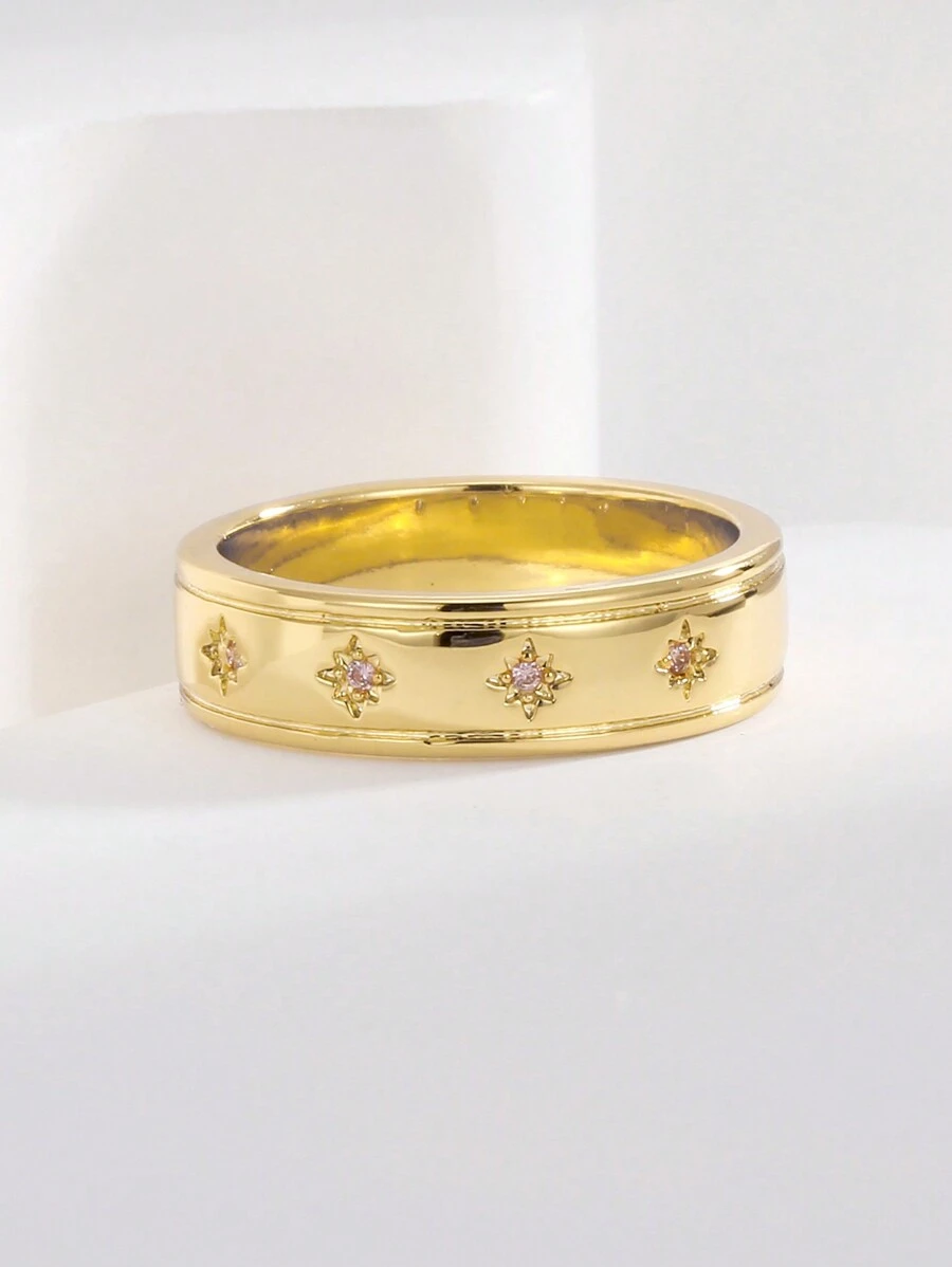 Charm-In Gold Star Engraved Ring With Embedded Pink Cubic Zirconia - Christmas Gift - Gold/Pink Stone - View 1