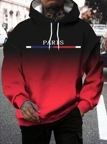 Men's Ombre Black To Red Front Rope Pullover Hooded Sweatshirt With All Over Print, Casual Autumn/Winter - Black - View 1