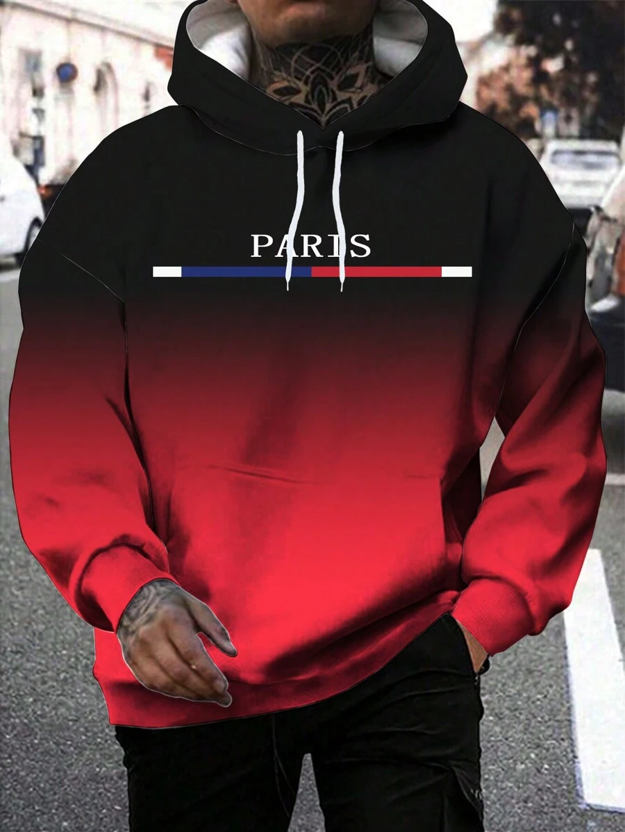 Men's Ombre Black To Red Front Rope Pullover Hooded Sweatshirt With All Over Print, Casual Autumn/Winter - Black - View 1