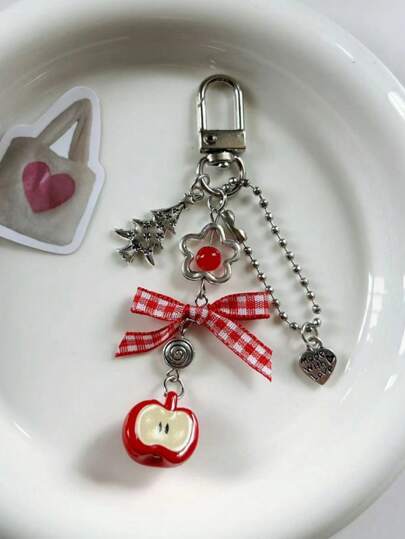 1pc Creative Red Apple Bow Keychain, Sweet Gift For Girls, Backpack Pendant, Fun Christmas Tree Ornament Car Accessories Bag Charm School Cute Goth Y2k